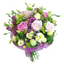 poczta kwiatowa prezenty, bukiet mieszany: kwiaty różowe, fioletowe i białe