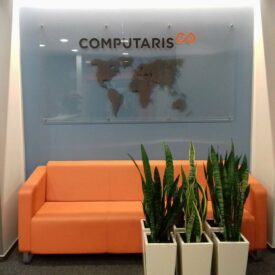 rośliny do biura postawione w kwadratowych donicach przy pomarańczowej sofie pod logo firmy